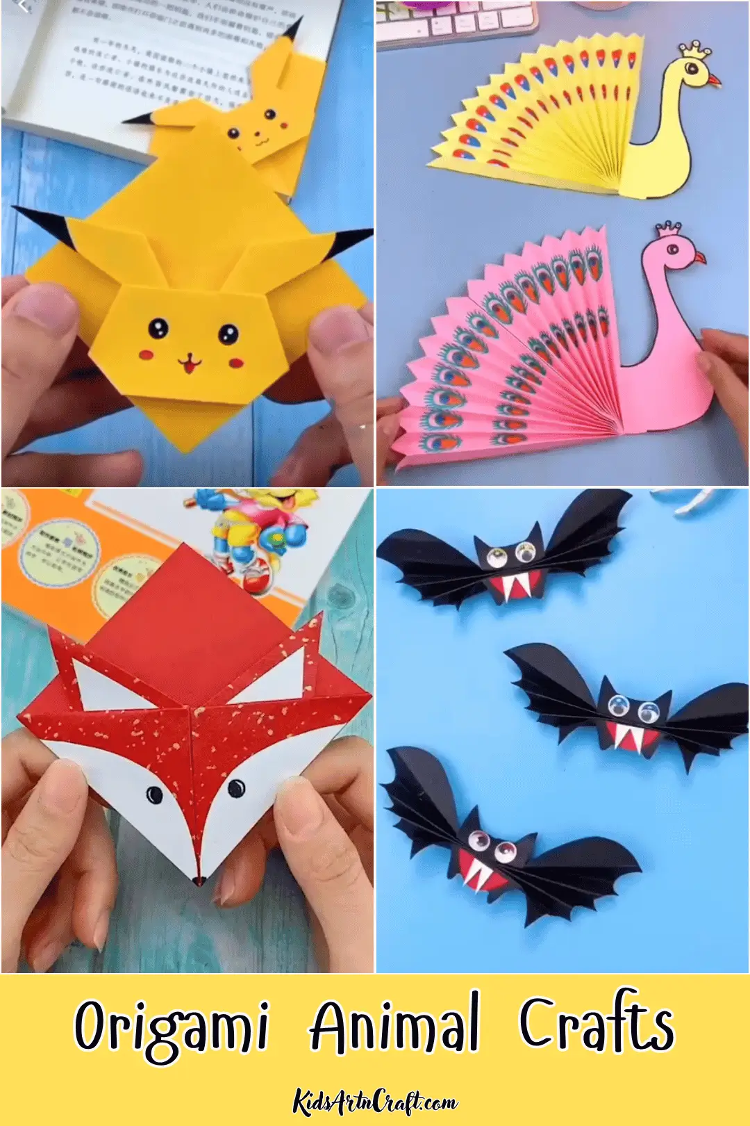 Colorful origami animal crafts featuring a yellow character, peacocks, a red fox, and black bats made from folded paper.