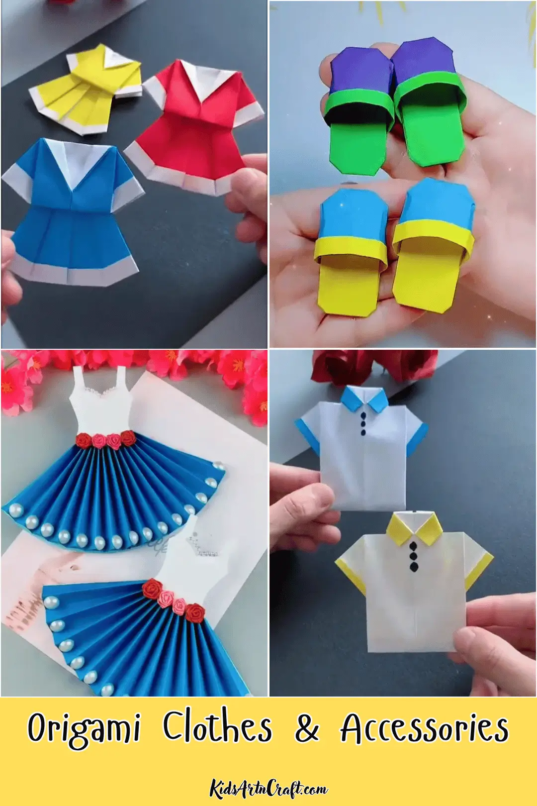 Colorful origami clothing and accessories featuring paper dresses, slippers, skirts, and collared shirts.