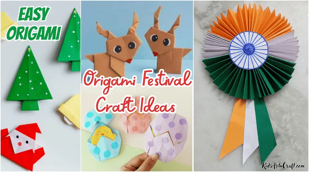 Colorful origami festival crafts featuring Christmas trees, Santa, reindeer, decorative eggs, and an Indian flag rosette.