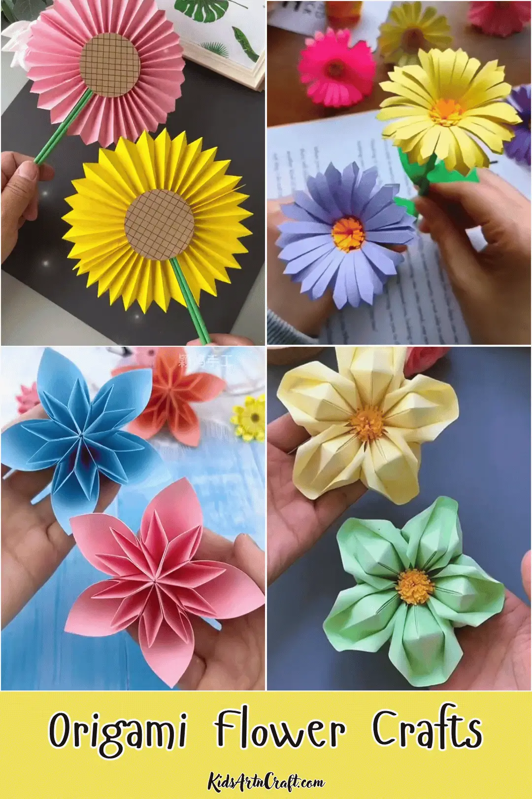 Colorful origami flower crafts featuring layered paper daisies and flowers in pink, yellow, blue, purple, and green.