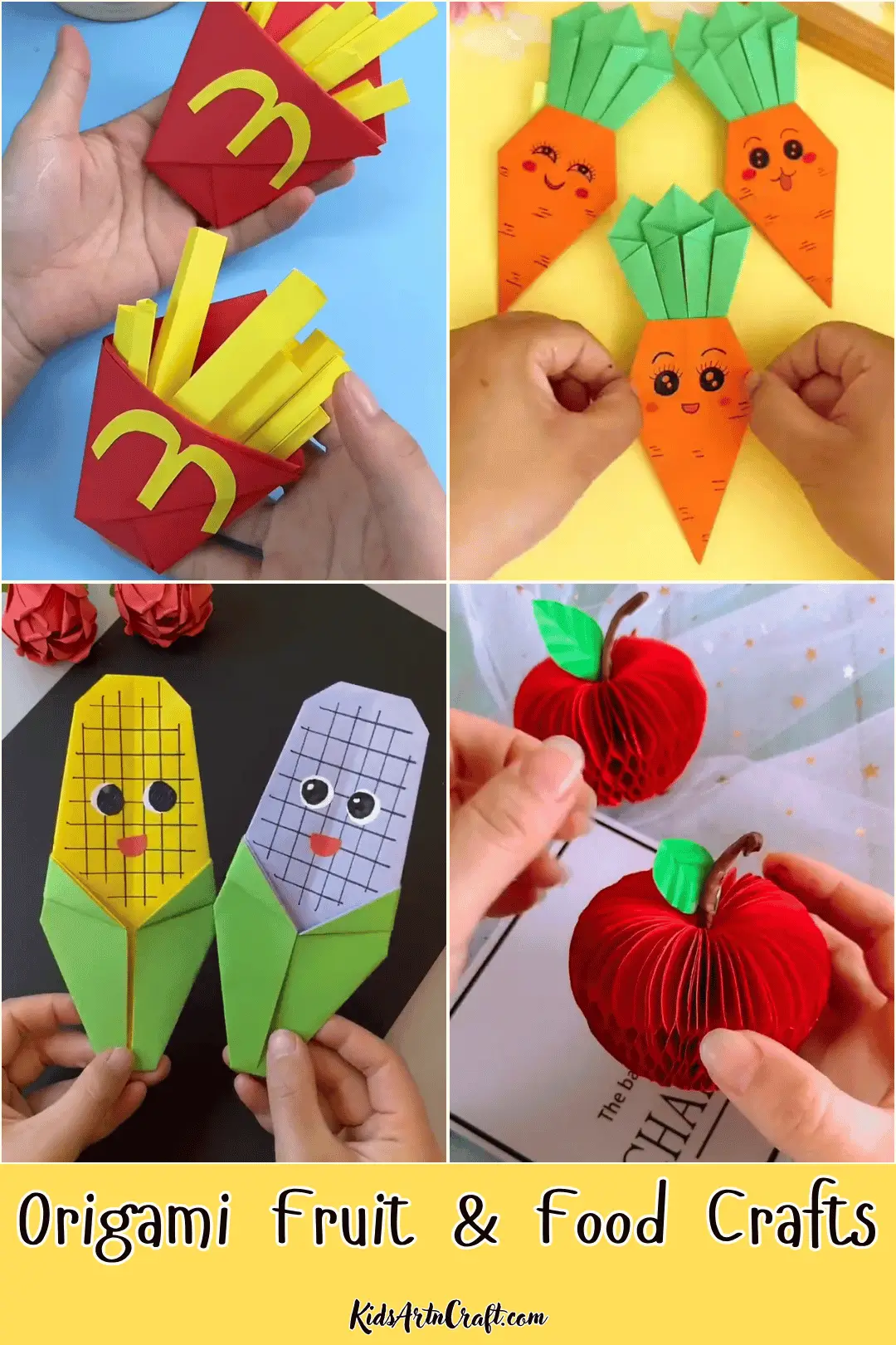 Colorful origami fruit and food crafts featuring French fries, carrots, corn, and apples.