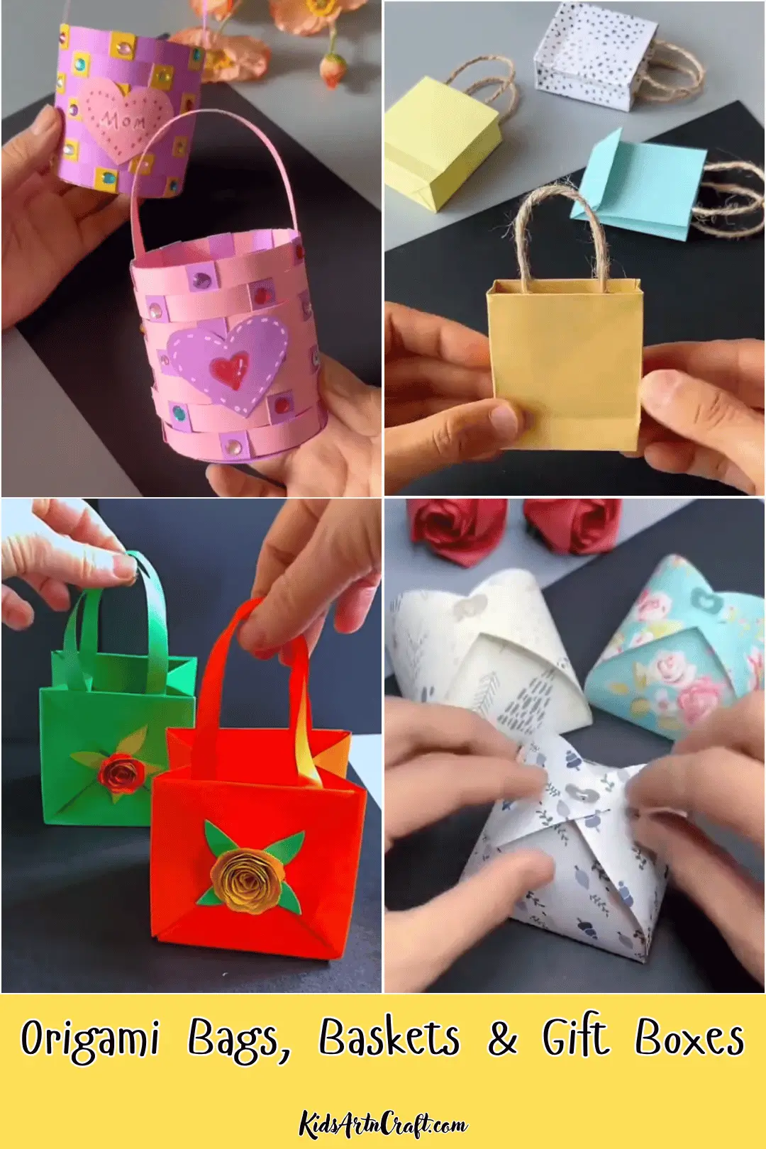 Origami paper bags, baskets, and gift boxes made from colorful and patterned paper.