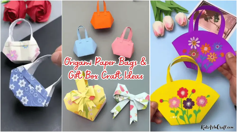Origami paper bags, gift boxes, and decorative bows made from colorful patterned paper.