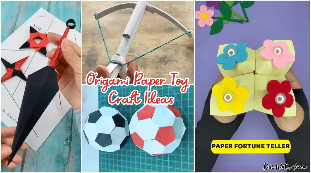 Origami paper toy crafts featuring a ninja star, paper slingshot, soccer balls, and a colorful paper fortune teller.