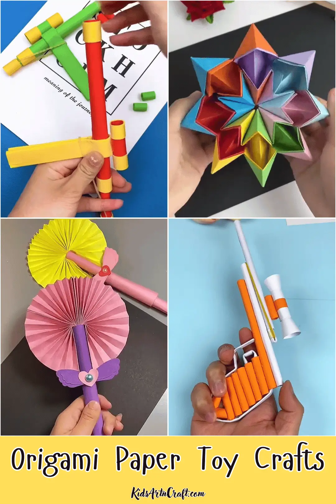 Origami paper toy crafts featuring a colorful paper toy gun, star-shaped paper spinner, decorative paper fan, and paper flute.