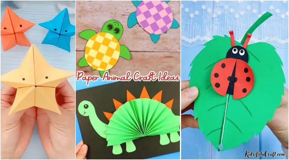 Paper animal crafts featuring colorful starfish, turtles, a green dinosaur, and a ladybug on a leaf.