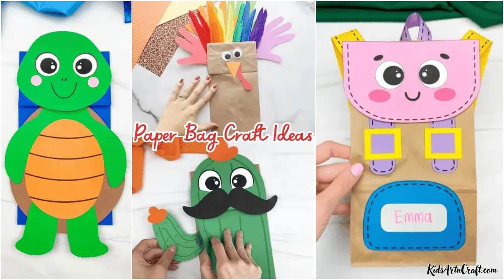 Paper bag craft ideas featuring a turtle, turkey, cactus character, and colorful backpack made from paper bags.