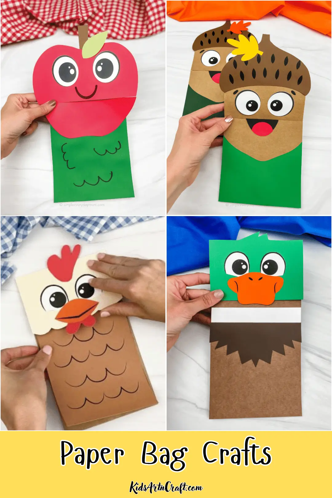 Cute paper bag crafts featuring an apple, acorn, turkey, and duck made with colorful paper.