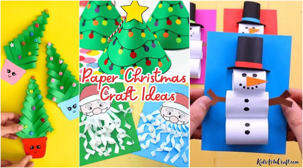 Paper Christmas crafts featuring decorated Christmas trees, Santa Claus crafts, and a paper snowman.