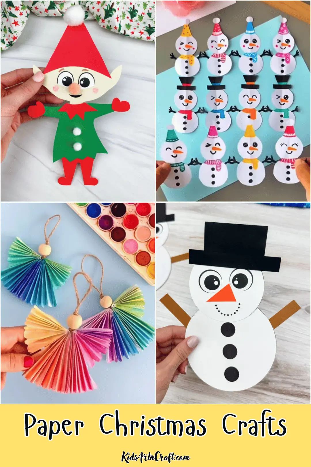 Paper Christmas crafts featuring a cute elf, colorful snowmen, paper angels, and a snowman decoration.