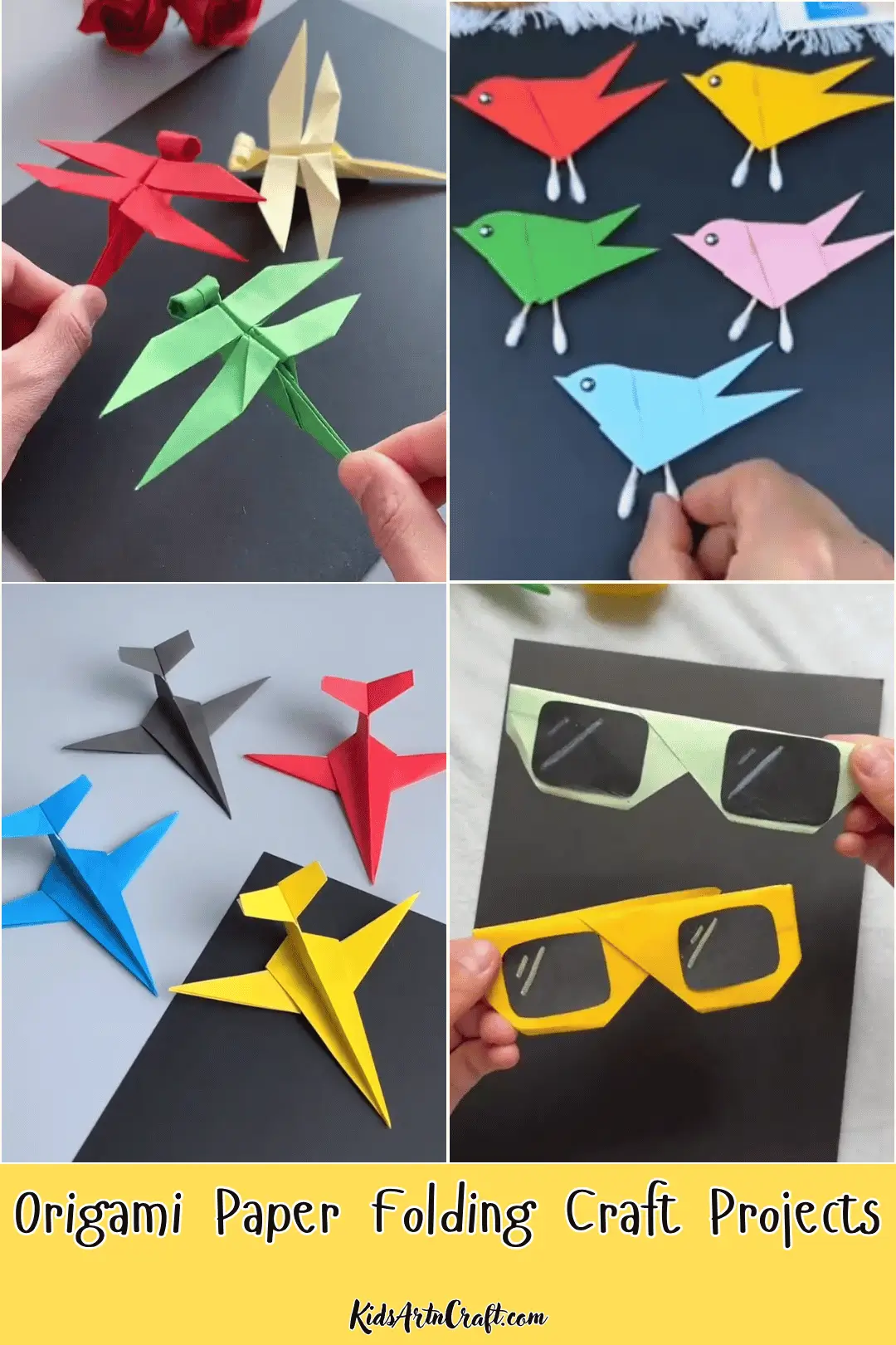 Origami paper folding craft projects featuring colorful paper birds, dragonflies, airplanes, and handmade sunglasses.