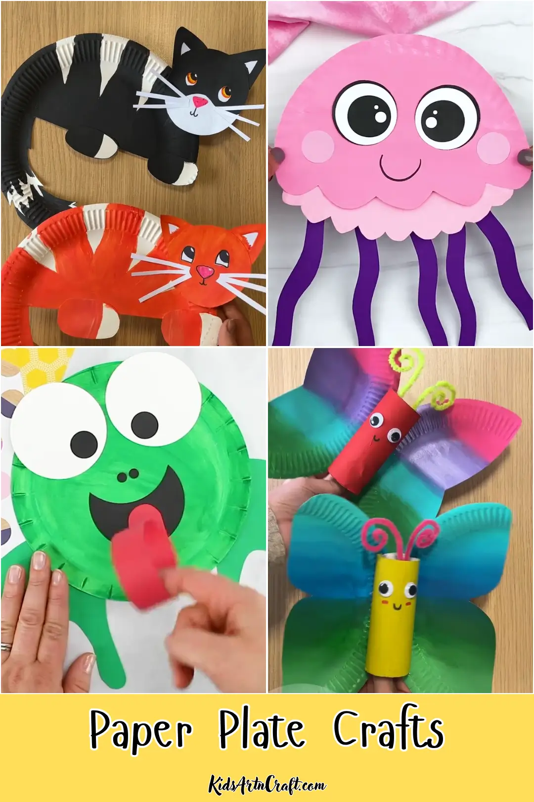 Colorful paper plate crafts featuring black and orange cats, a pink jellyfish, a green frog, and butterfly crafts made with paper plates.