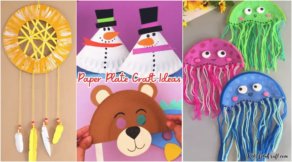 Paper plate craft ideas featuring a dream catcher, snowmen, a bear mask, and colorful jellyfish crafts.