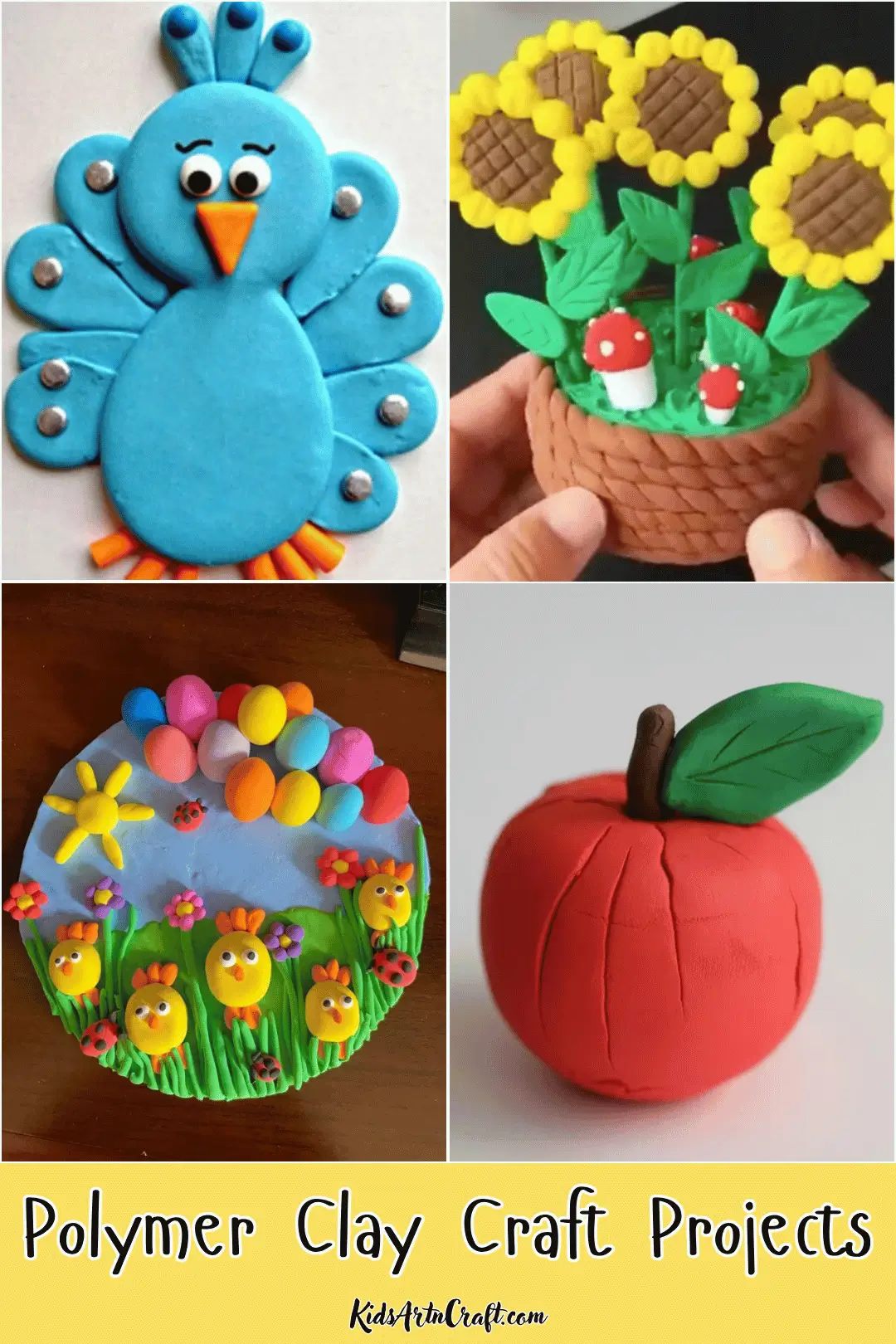 Polymer clay craft projects featuring a blue peacock, a sunflower and mushroom basket, a colorful spring garden scene, and a red apple.