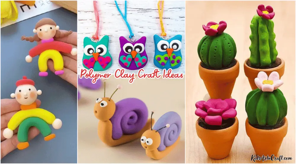 Polymer clay craft ideas featuring colorful dolls, owl pendants, cute snails, and flower-topped cactus pots.