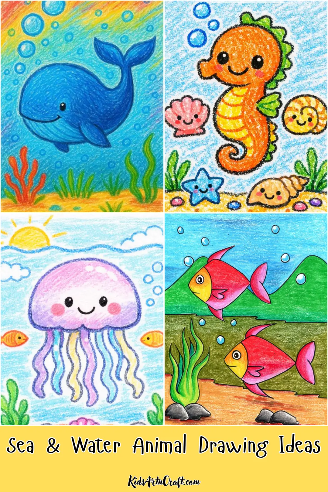 Sea and water animal drawing ideas featuring a whale, seahorse, jellyfish, and colorful fish underwater.