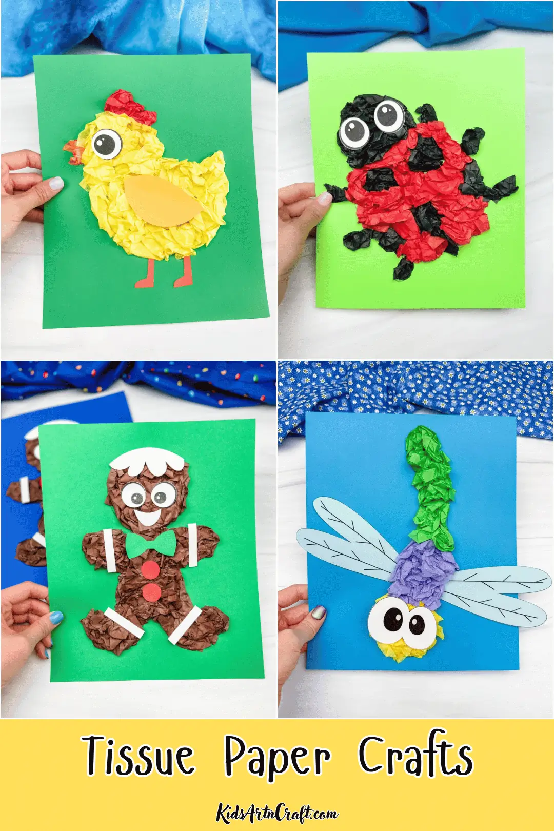 Tissue paper crafts featuring a yellow chick, red and black ladybug, brown gingerbread man, and colorful dragonfly on paper backgrounds.