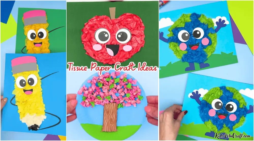 Colorful tissue paper crafts featuring a pencil, a red apple, a flowering tree, and blue-and-green Earth-themed characters.