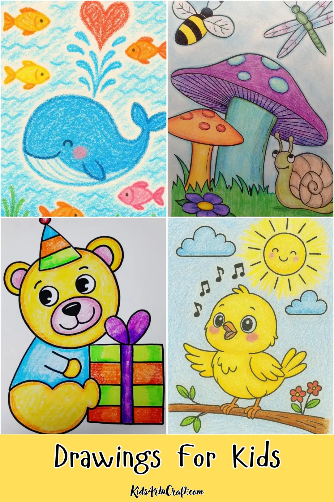 Drawing ideas for kids featuring a cute whale, colorful mushrooms with a snail, a teddy bear with a gift, and a cheerful chick.