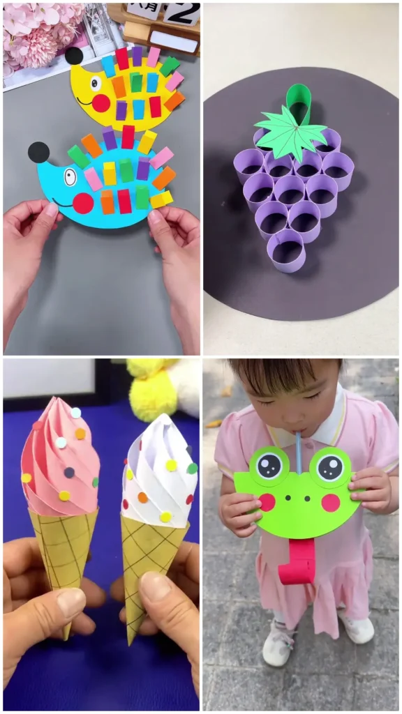 Easy paper craft ideas featuring a frog, hedgehog, grapes, and an ice cream design