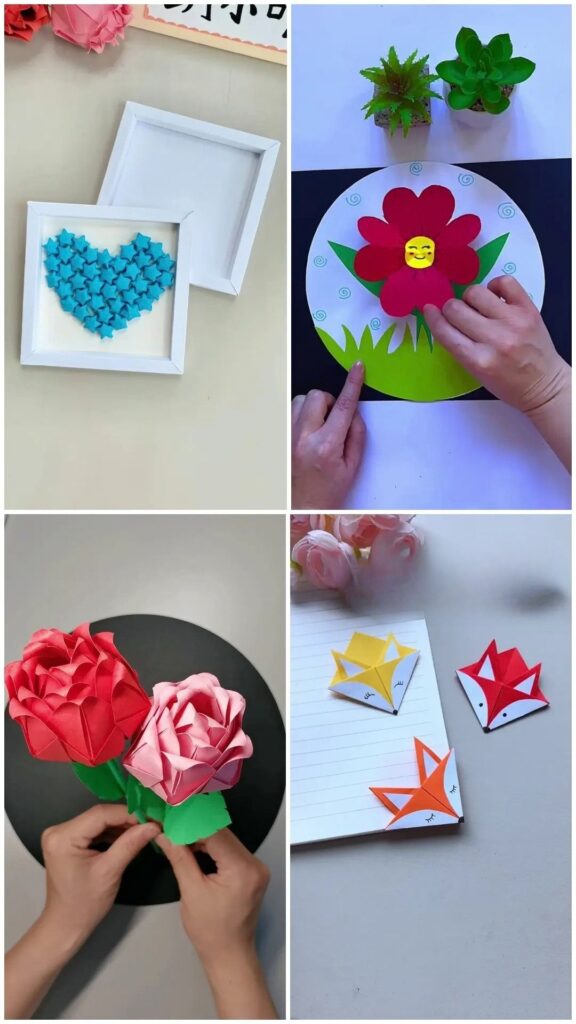 Paper craft ideas featuring a heart frame, paper flowers, and a fox bookmark